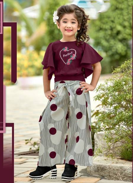 Wine Colour VEERA CHILDREN Fancy Stylish Western Wear Poli Rayon Printed Top And Plazzo Girls Wear Collection VEERA 04